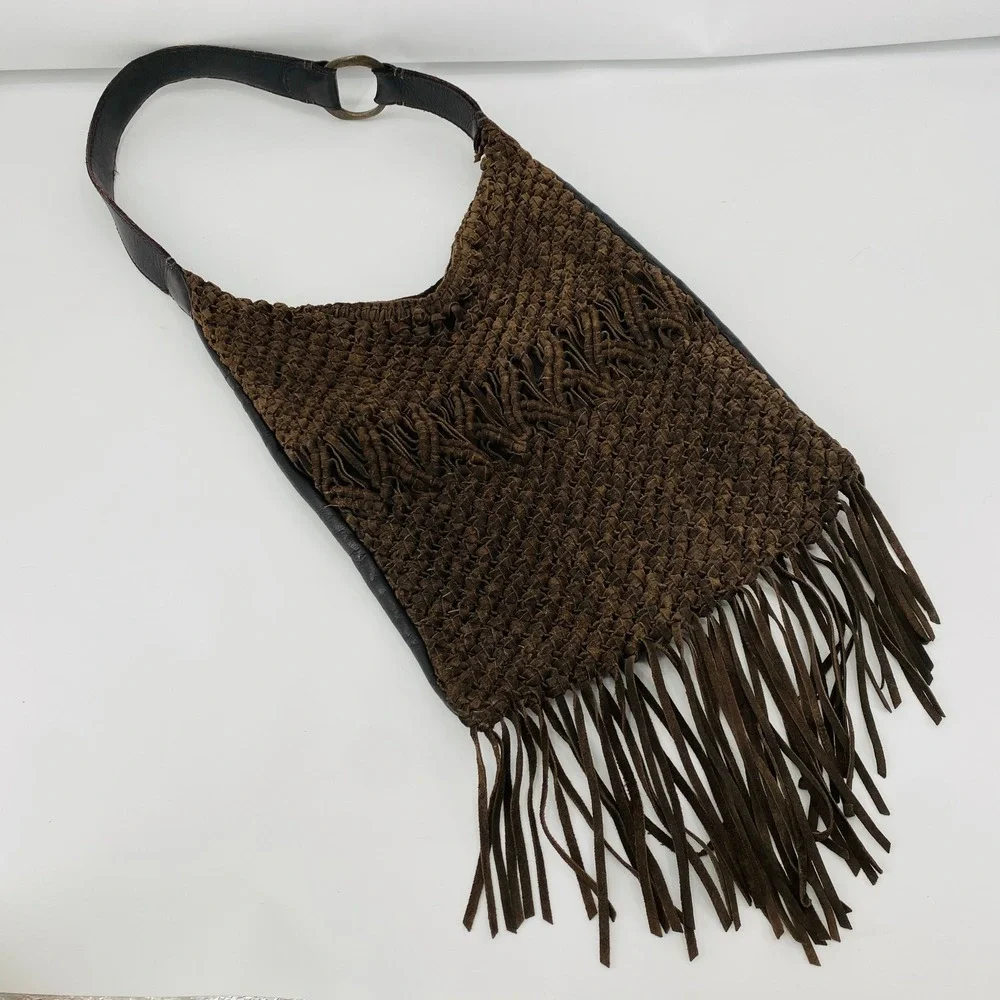 Lucky Brand Hobo Bag Womens OS Brown Suede Woven Fringe Leather Trim